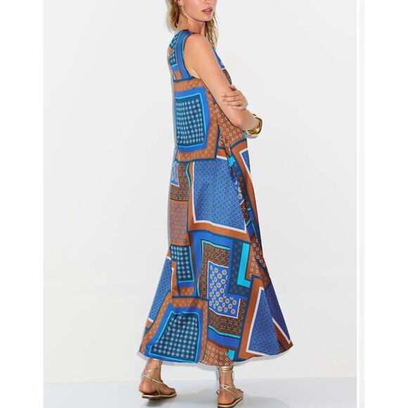 Misa Blue Patchwork Midi Dress MEDIUM Satin Vacation Aline Weekend Designer $410 - Picture 3 of 13